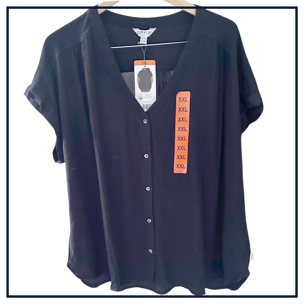 NWT Orvis Women's XXL Black Rayon Crepe‎ Short Sleeve V-Neck Button Down Blouse